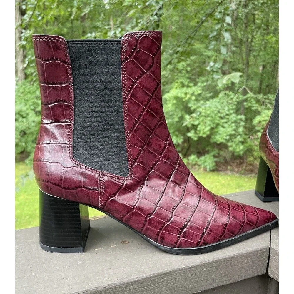 Mob Wife Burgundy Croc Leather Chelsea Boots M&S Insolia Block Heel Size 6